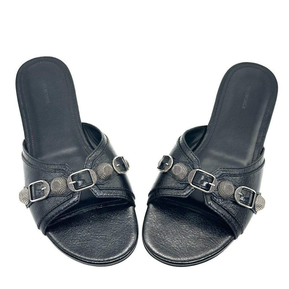 BALENCIAGA Cagole Studded Buckled Arena Leather Flat Slides Mules Sandals - Picture 12 of 16